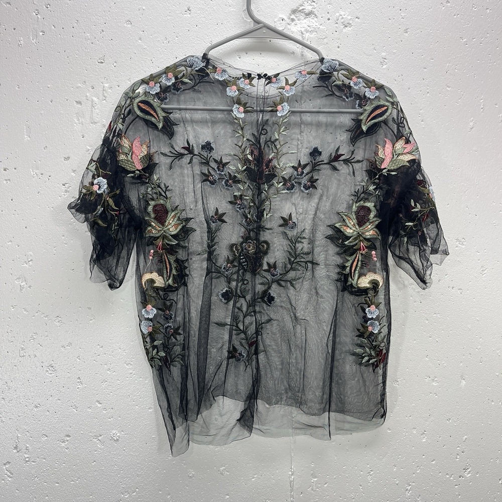 Zara Womens XS Sheer Mesh Floral Embroidered Top Short Sleeve - Picture 6 of 8
